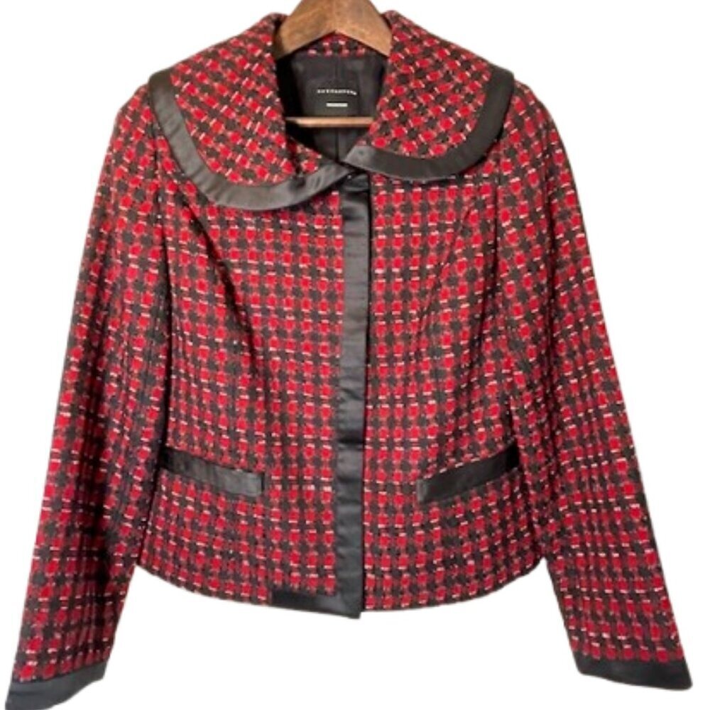 Doncaster Collection Plaid Wool Blend Red & Black Zip Front Blazer Jacket 8